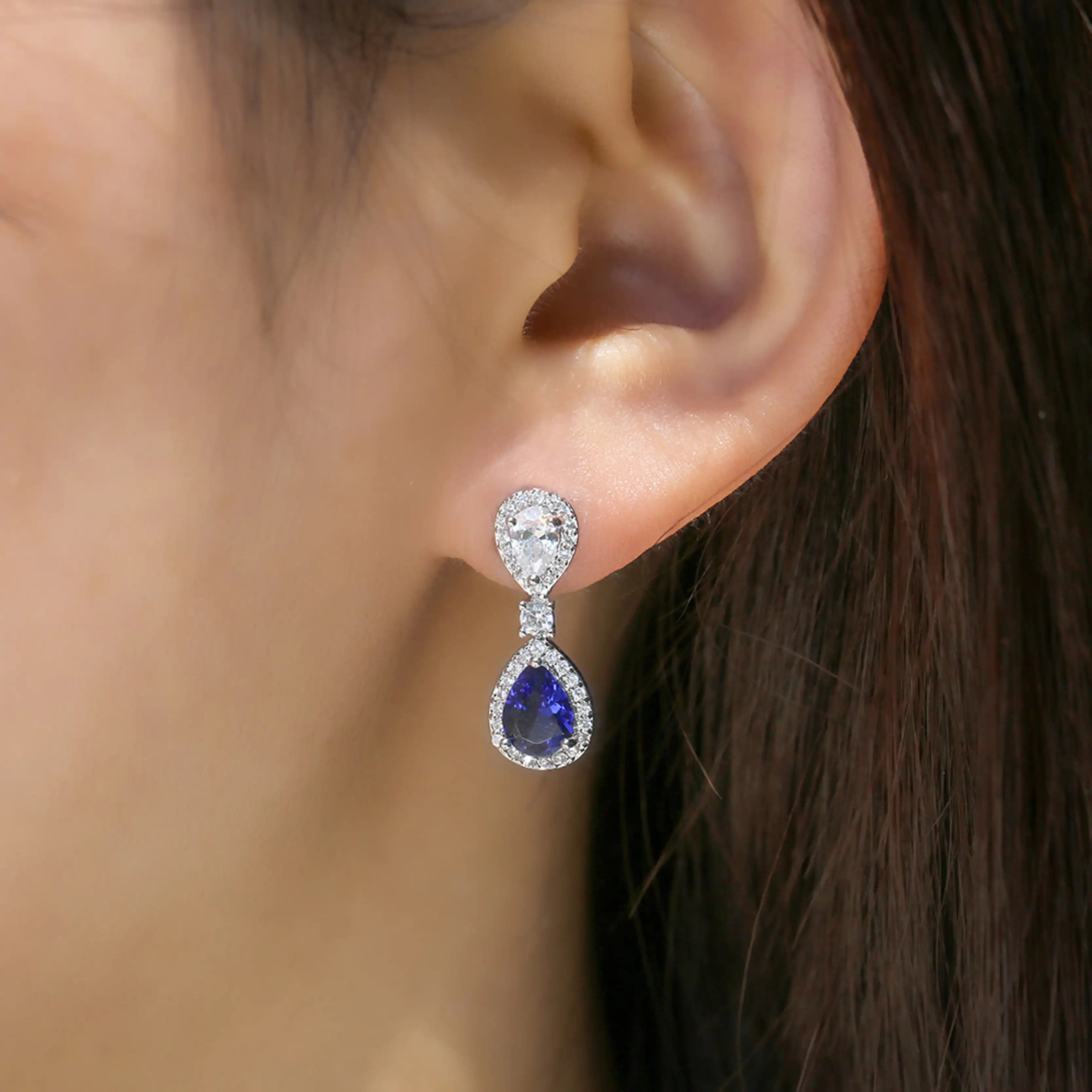 Silver Plated Blue CZ Water Drop Wedding Earrings for Women