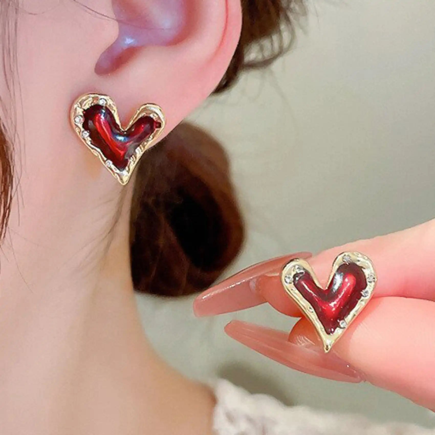 14K Gold Plated Elegant Red Heart Stud Earrings
