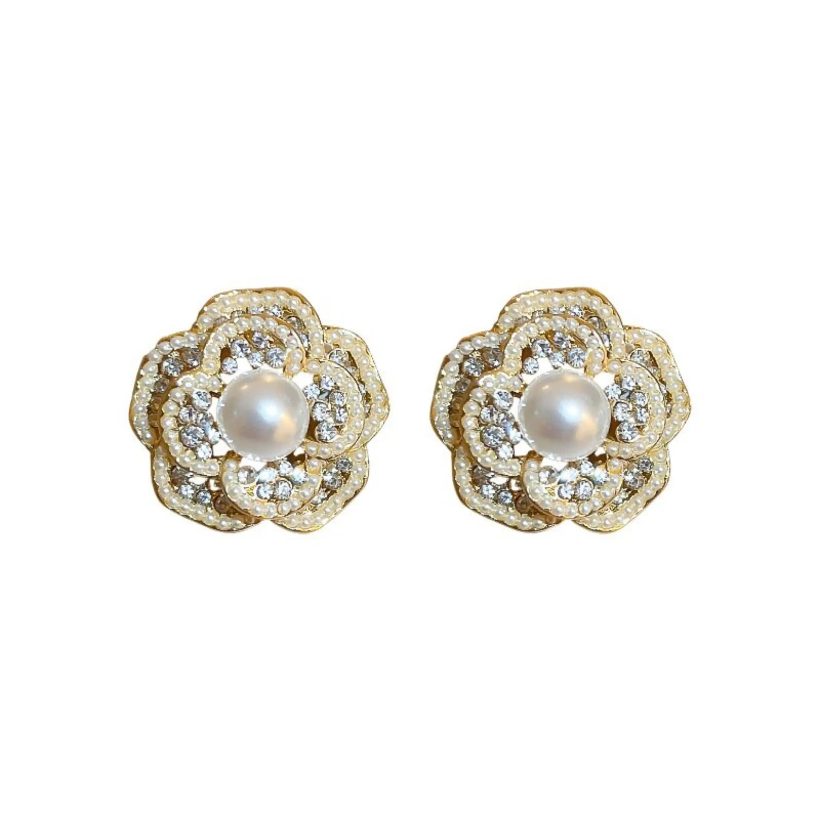Gold Plated Camellia Pearl Stud Earrings