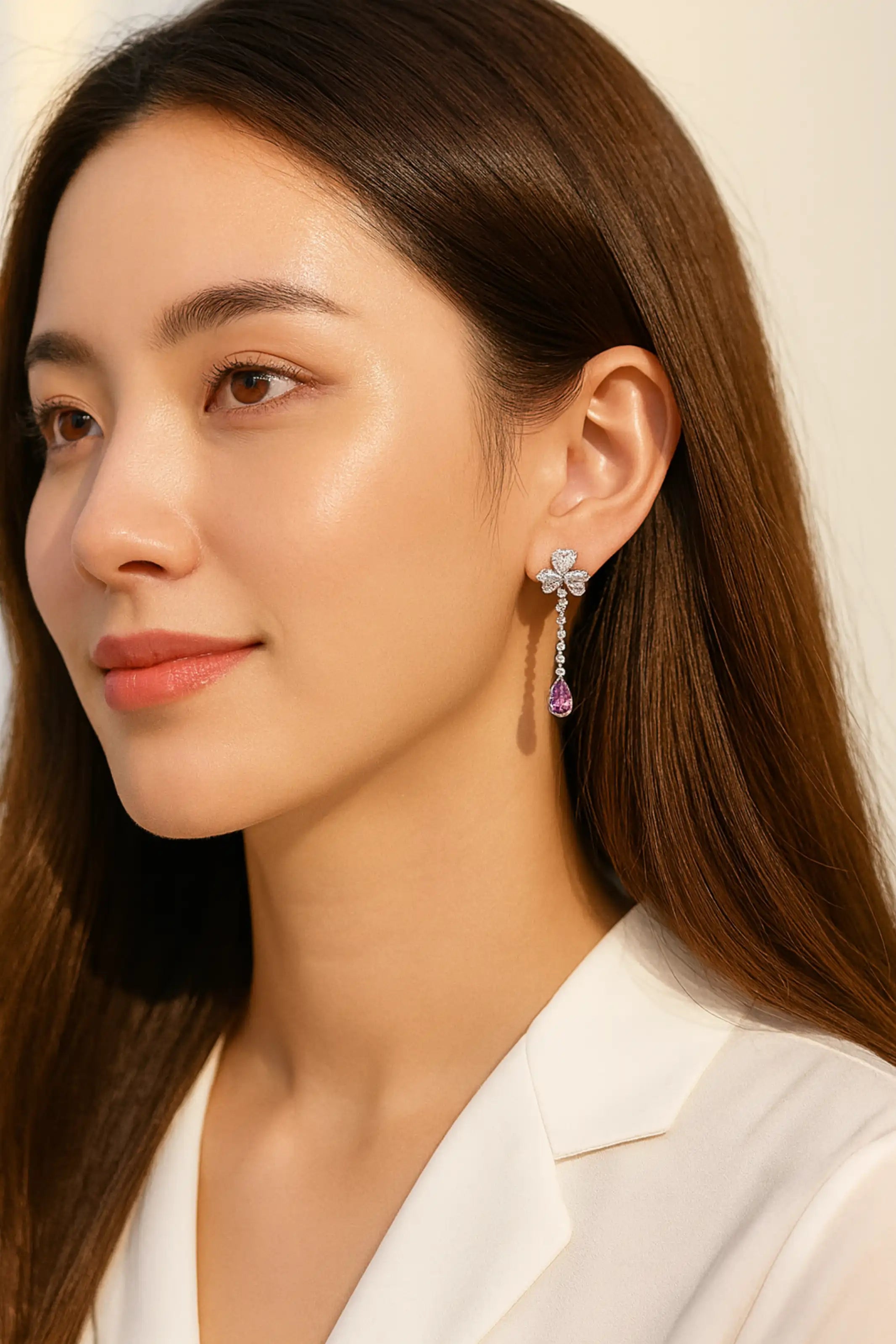 Silver Pink Crystal CZ Wedding Earrings