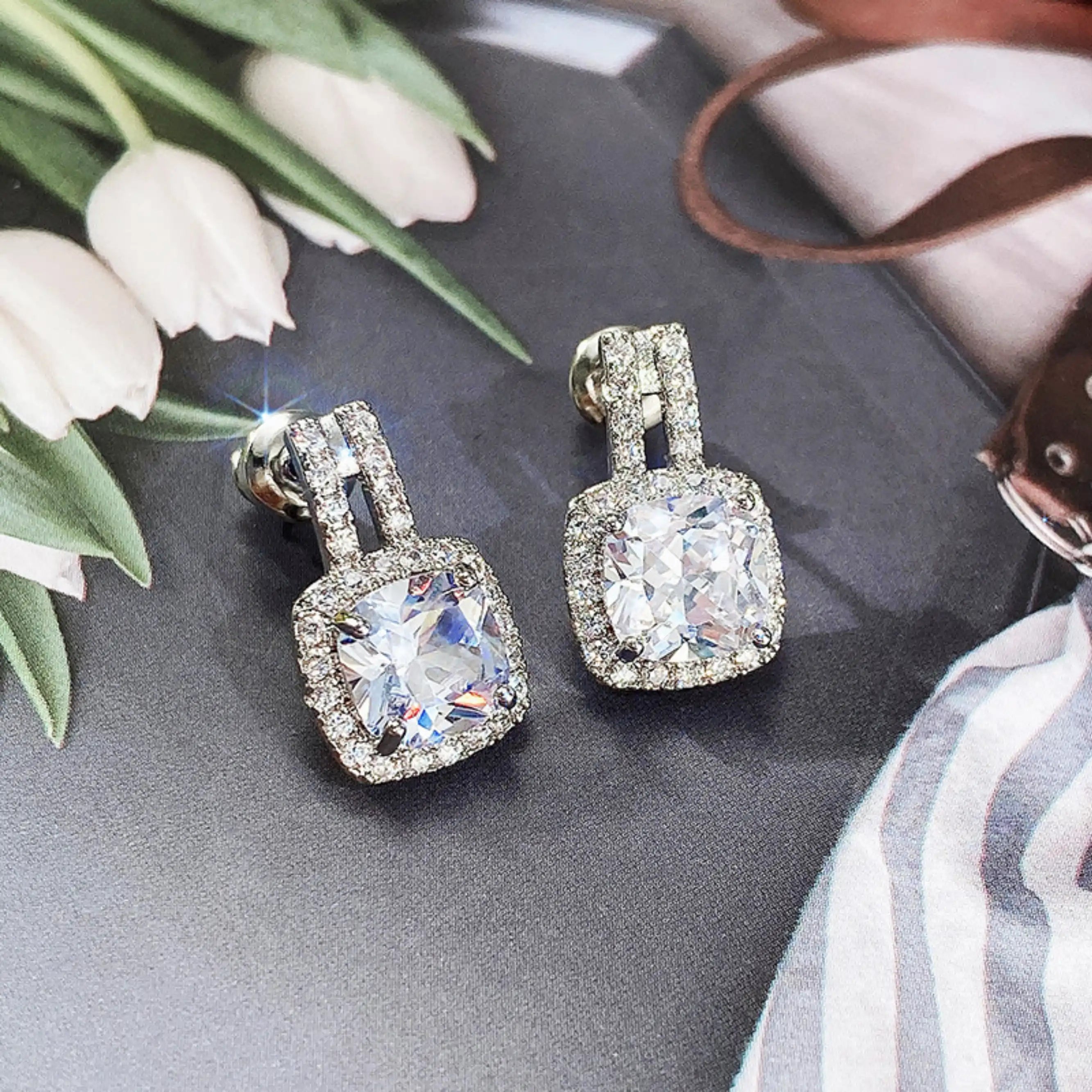 Iced White CZ Square Studs