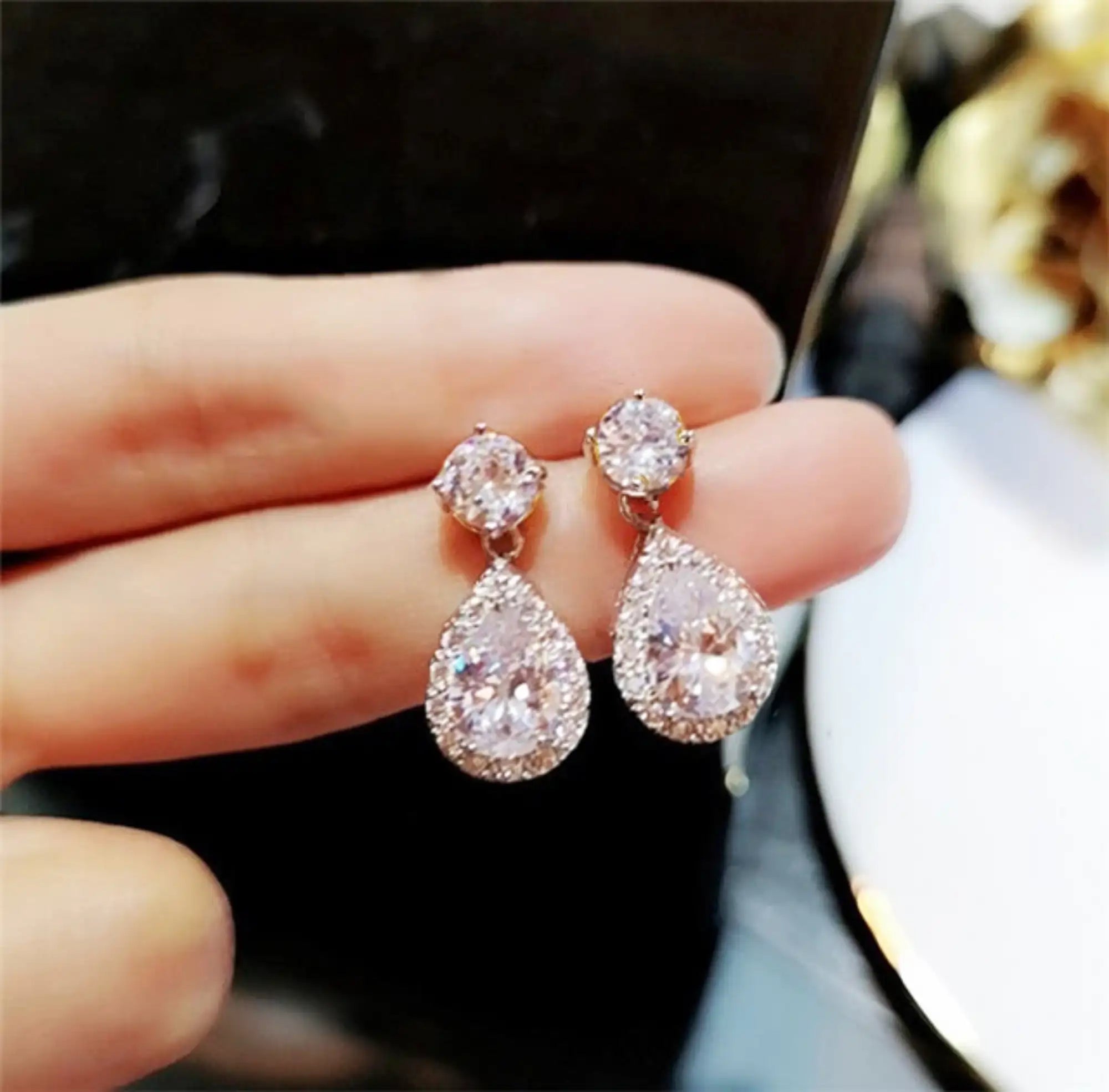 5-Color Water Drop Zircon Silver Earrings