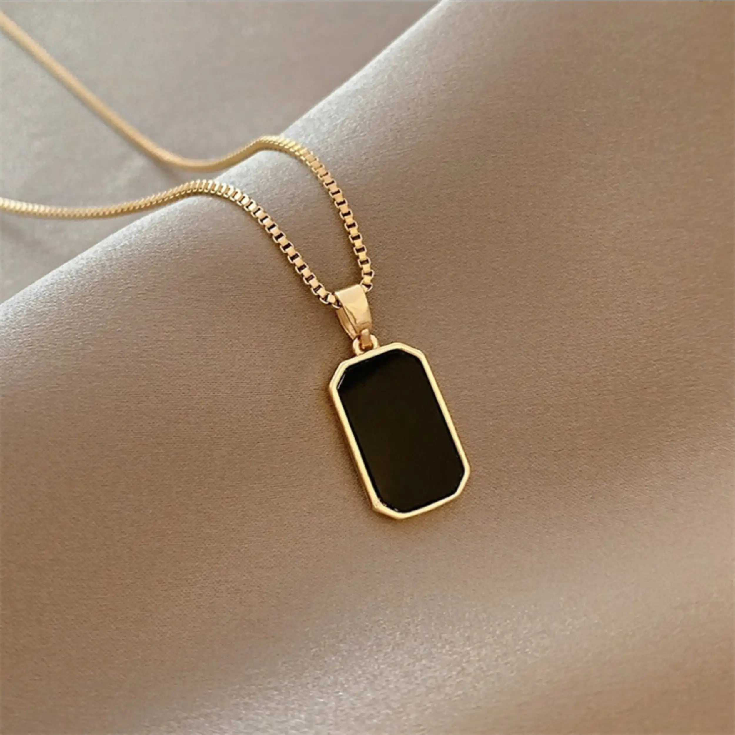 18K Gold Black Enamel Rectangle Necklace