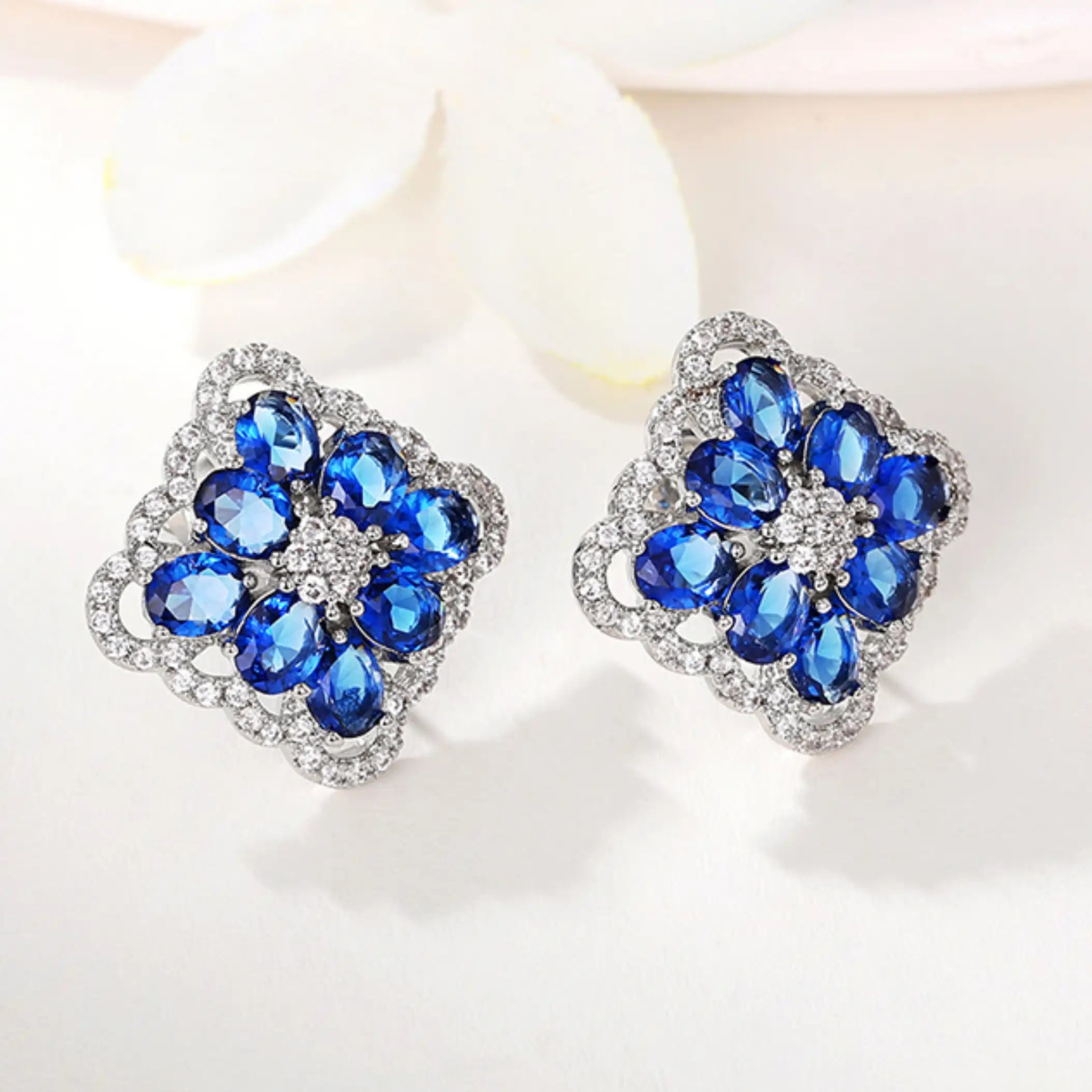 Exquisite Blue CZ Flower Drop 925 Silver Coating Earrings