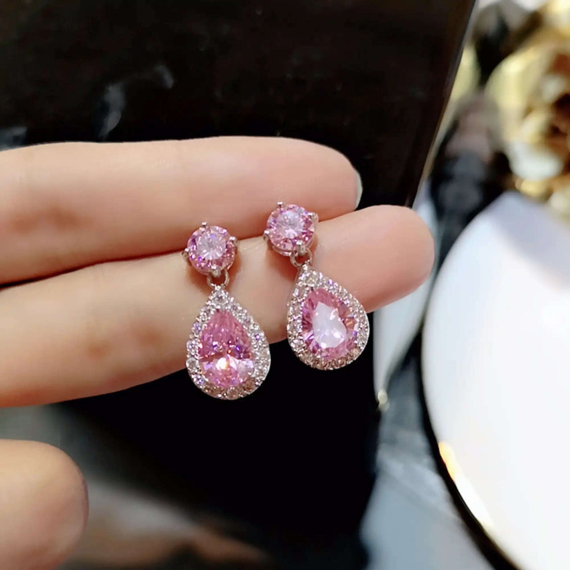 5-Color Water Drop Zircon Silver Earrings