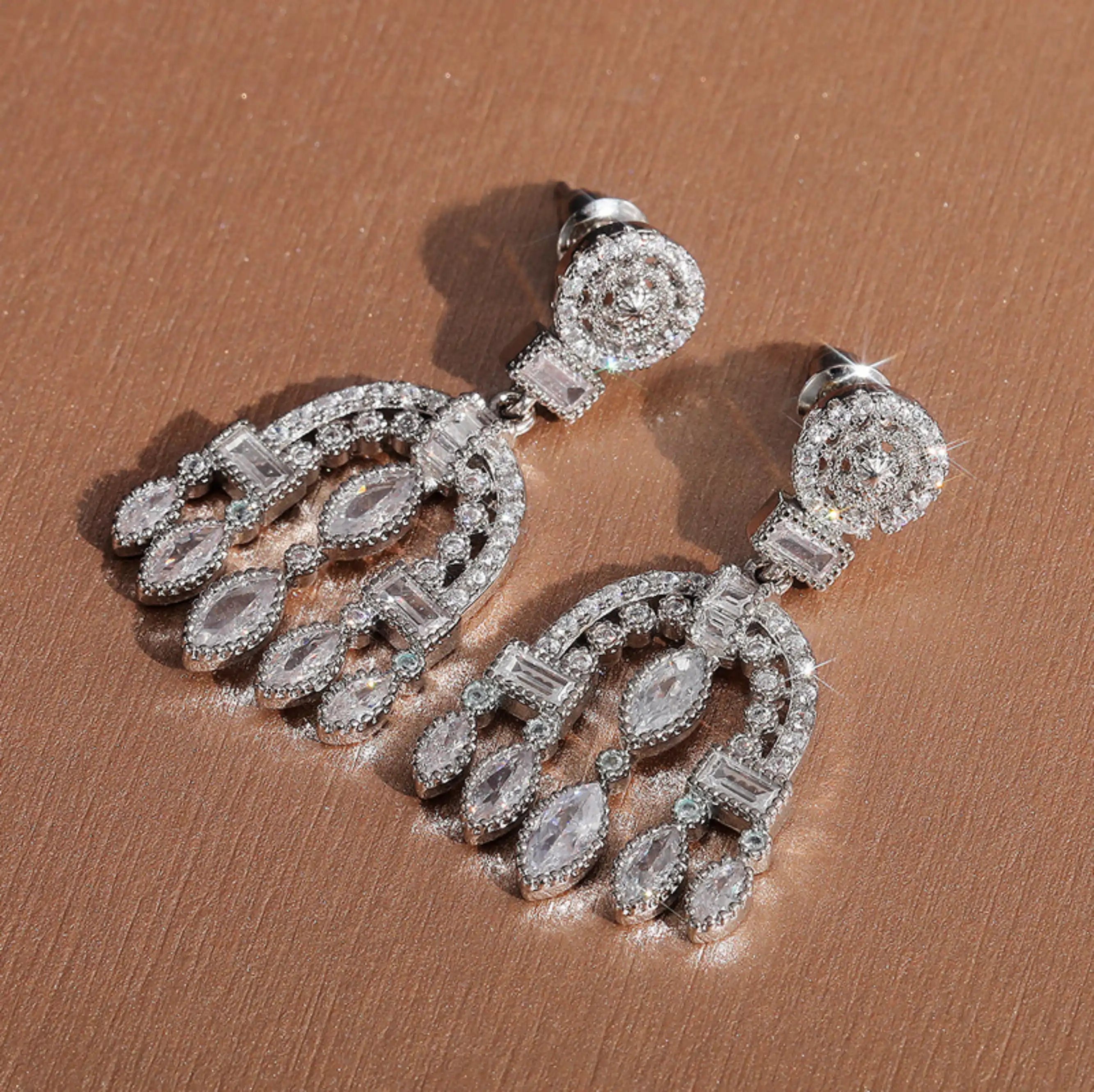 Luxury CZ Crystal Long Bridal Drop Earrings for Women