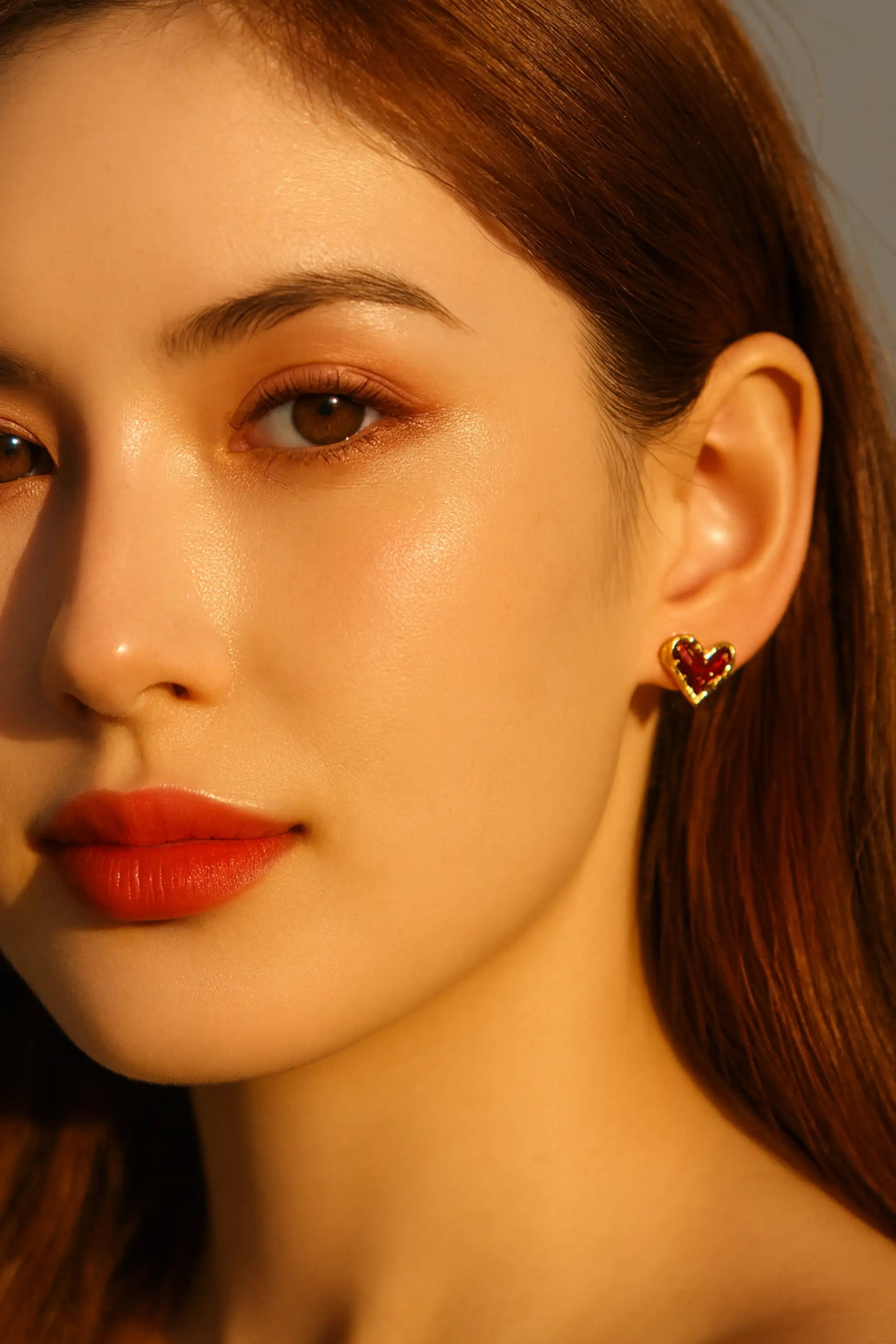 14K Gold Plated Elegant Red Heart Stud Earrings