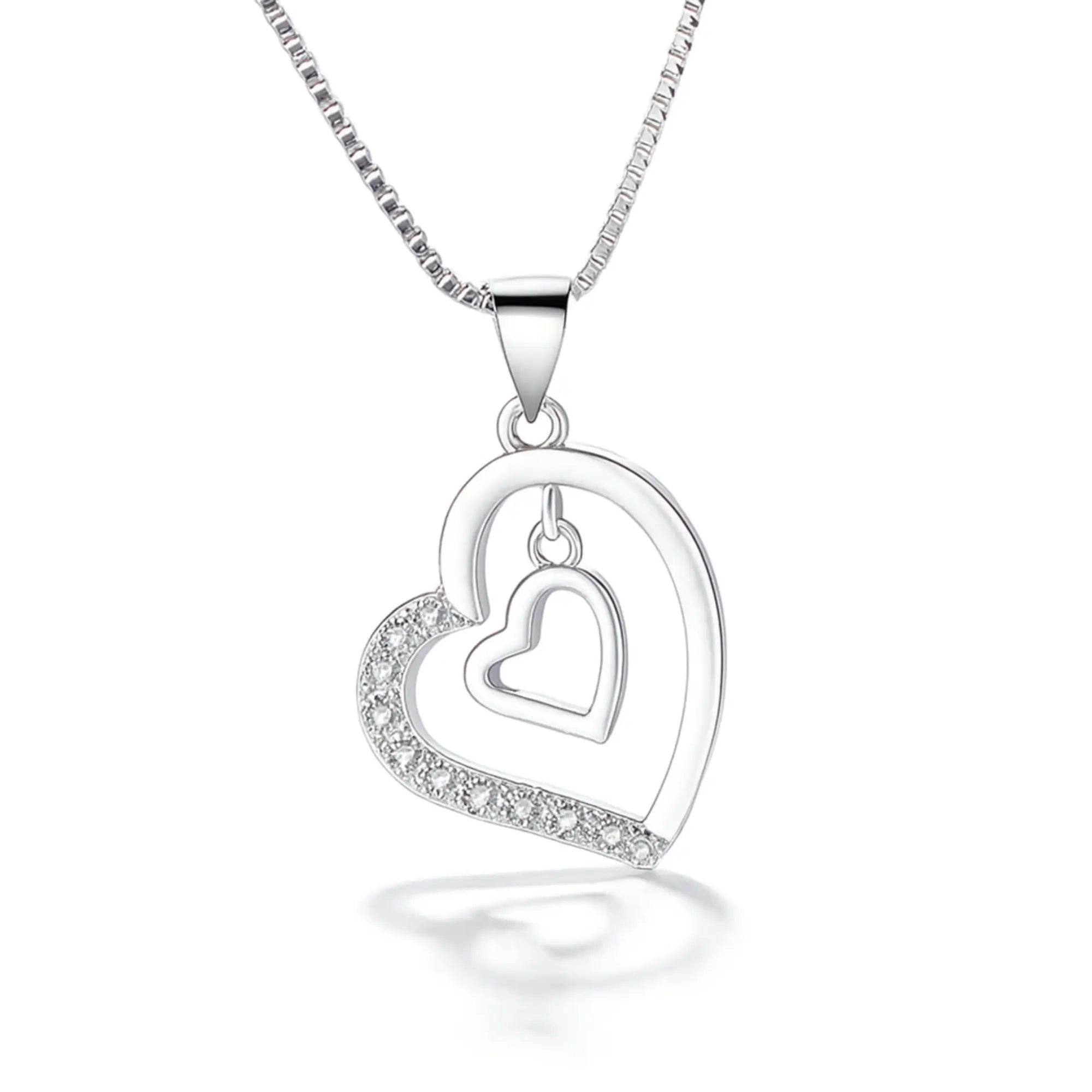 Silver Double Heart Diamond Pendant Necklace