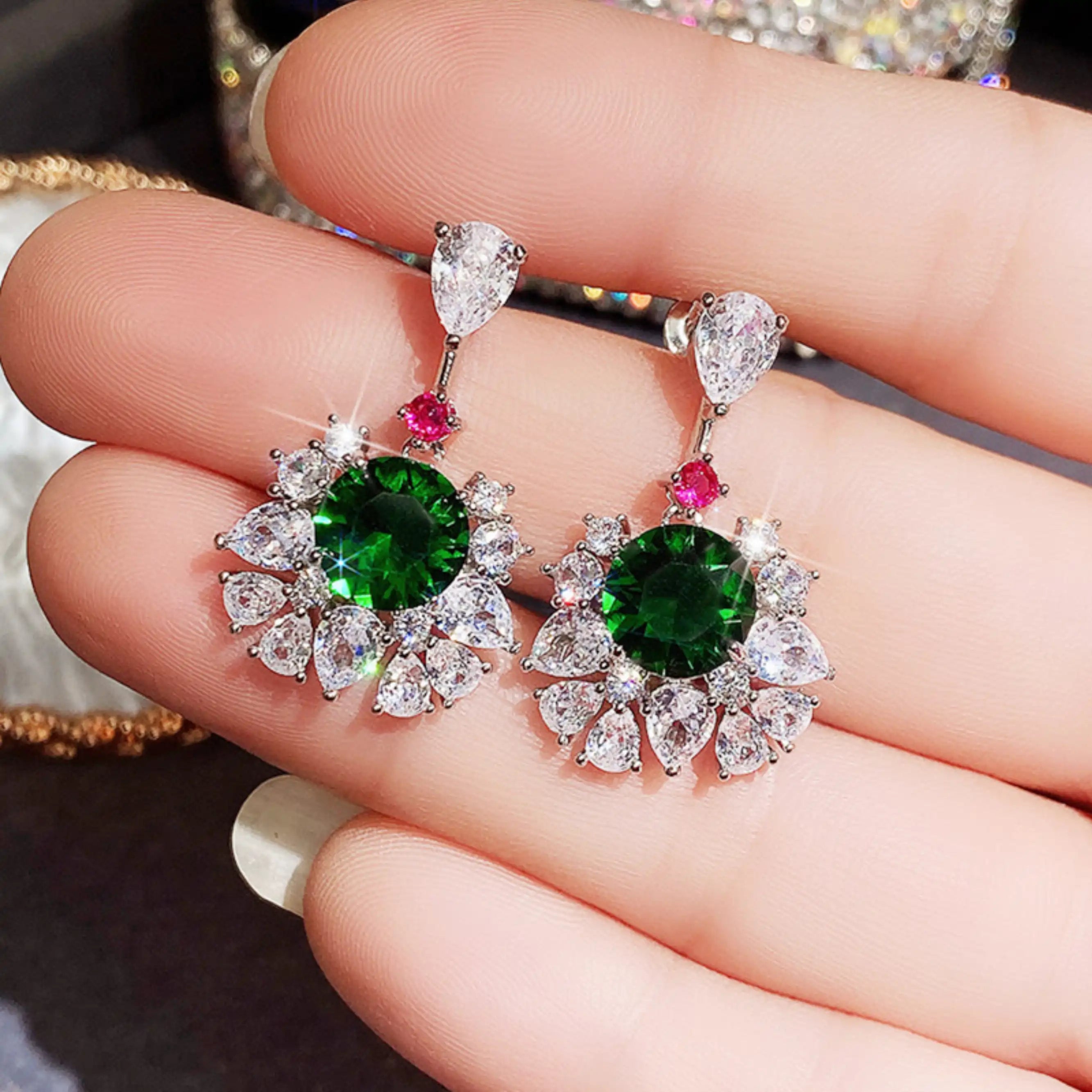 Green CZ Flower Wedding Drop Earrings
