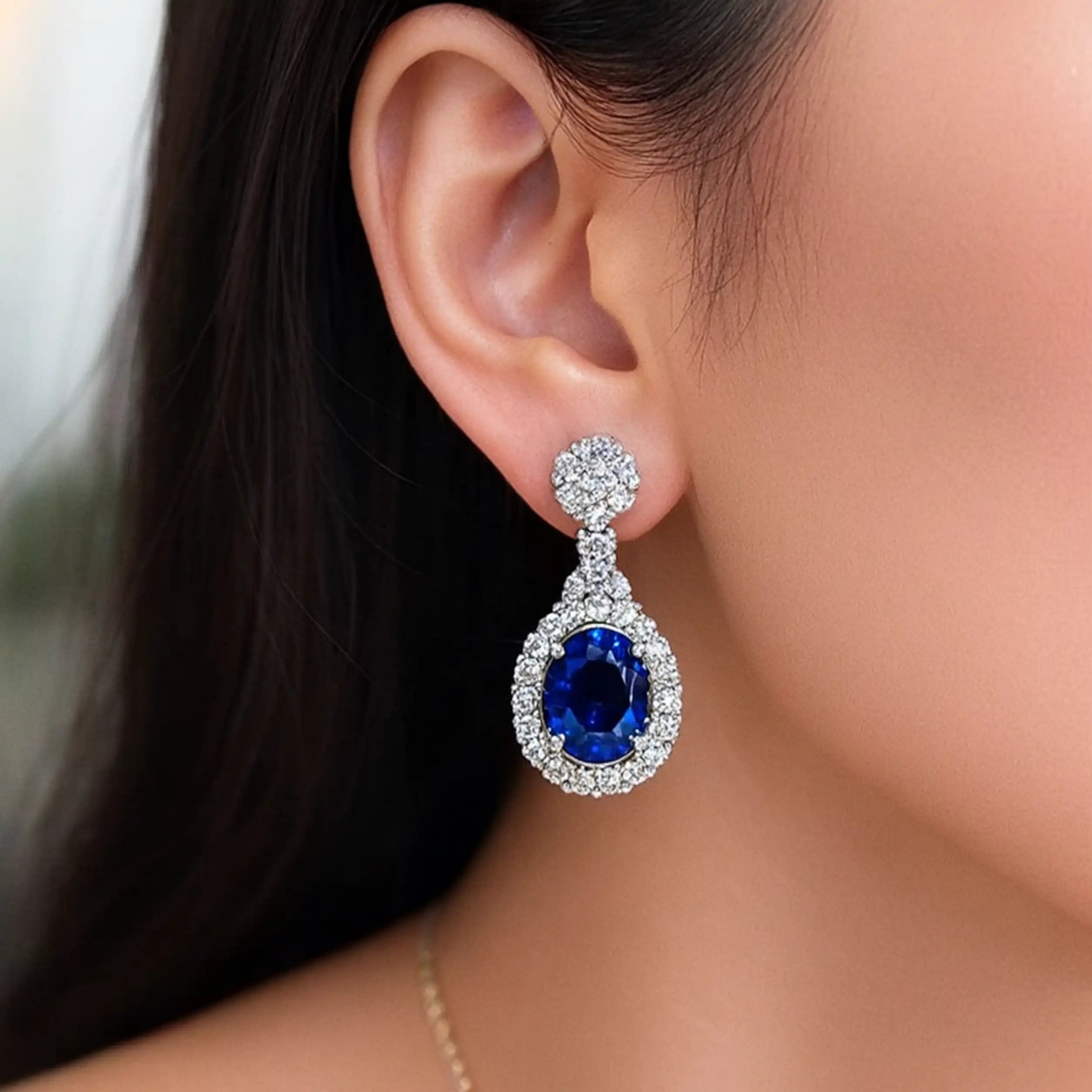 Sapphire Blue CZ Oval Drop Earrings