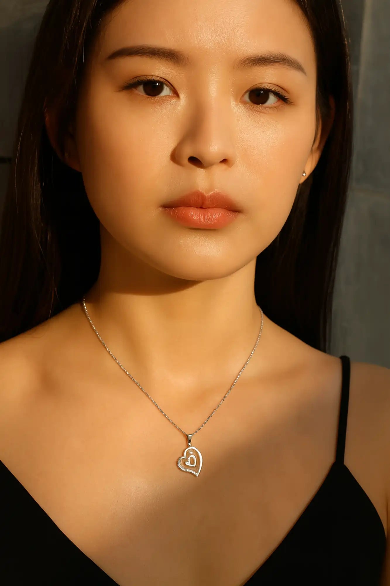 Silver Double Heart Diamond Pendant Necklace