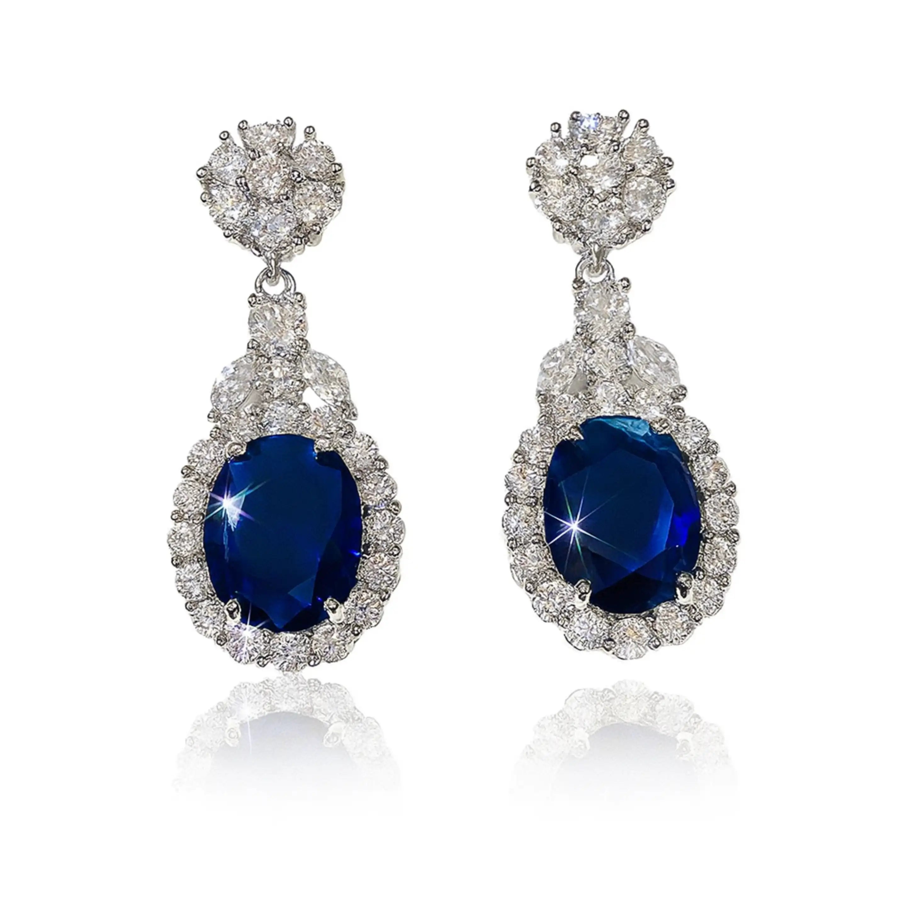 Sapphire Blue CZ Oval Drop Earrings
