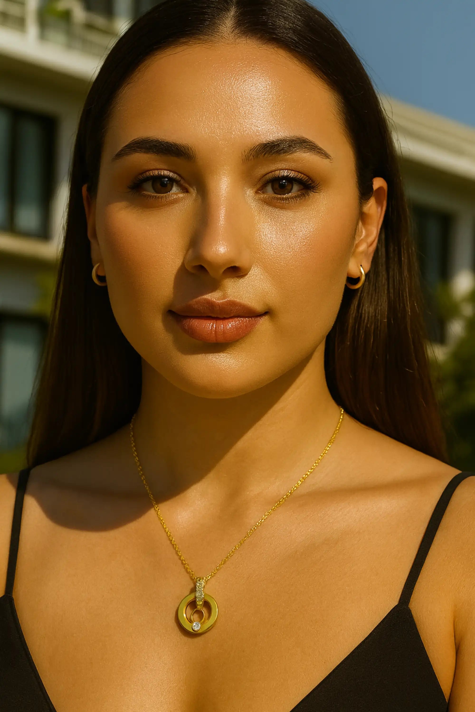 Titanium Steel Double Ring Crystal Necklace