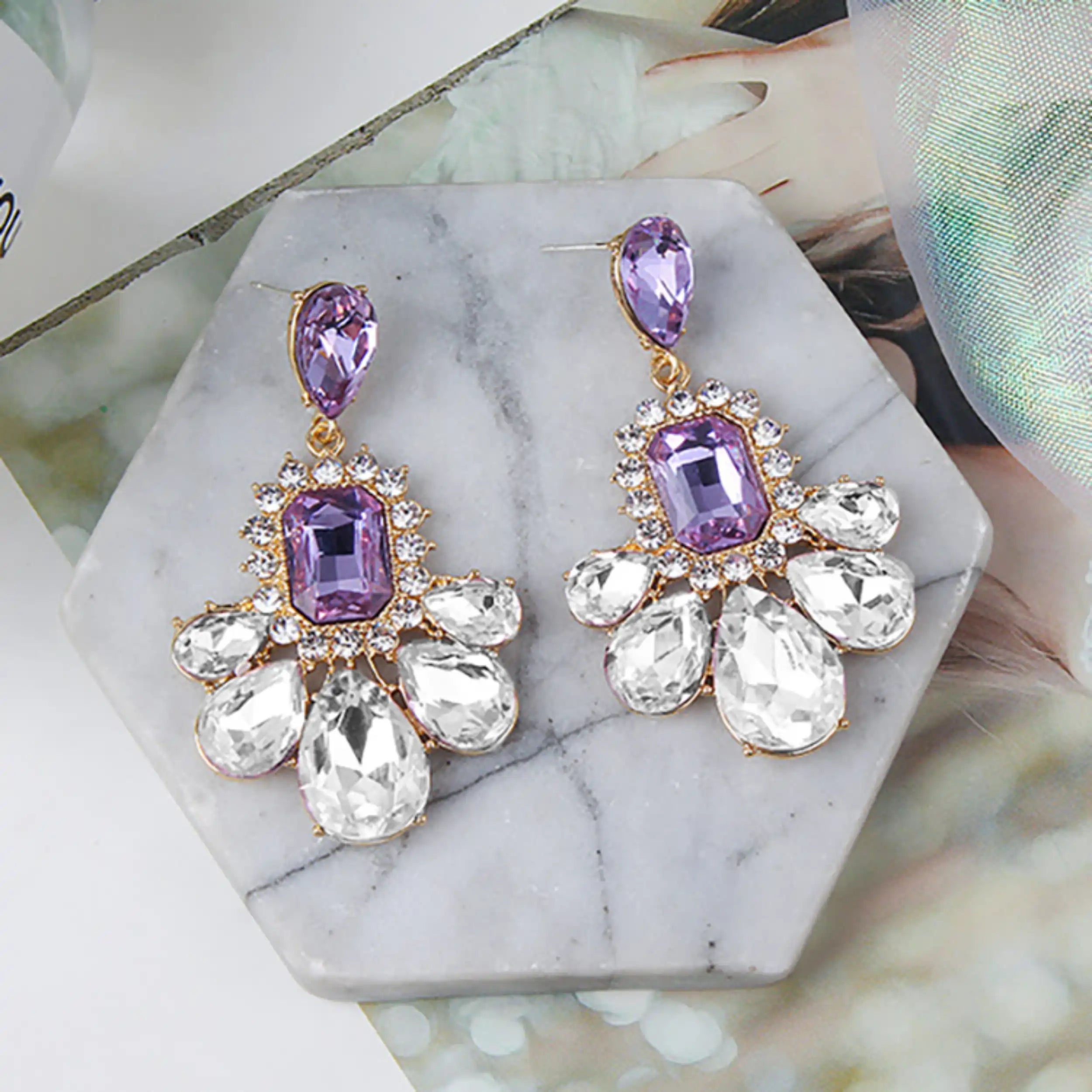 Purple Crystal Long Drop Earrings