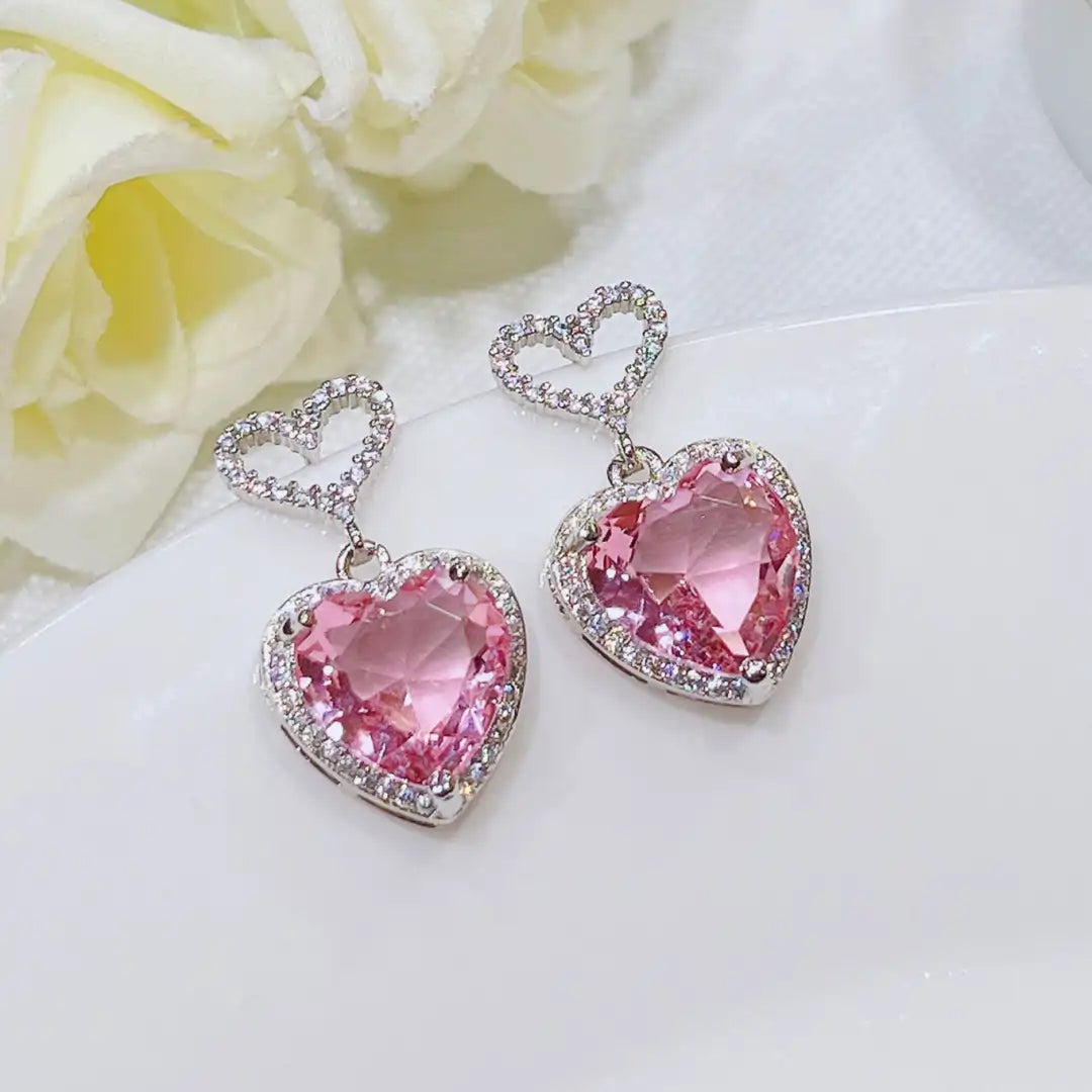 Pink Heart CZ Stud Earrings