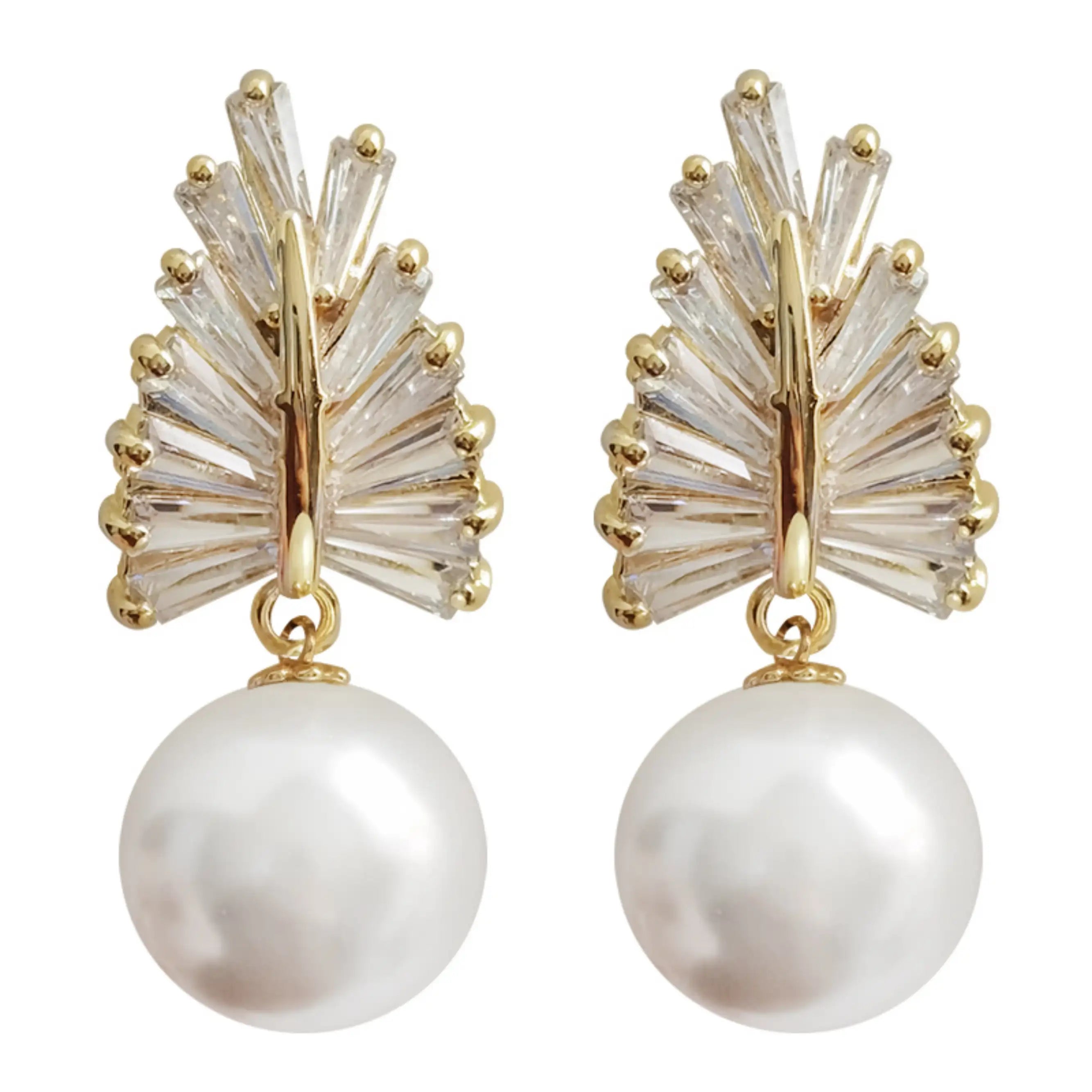 18K Gold Pearl CZ Leaf Drop Earrings