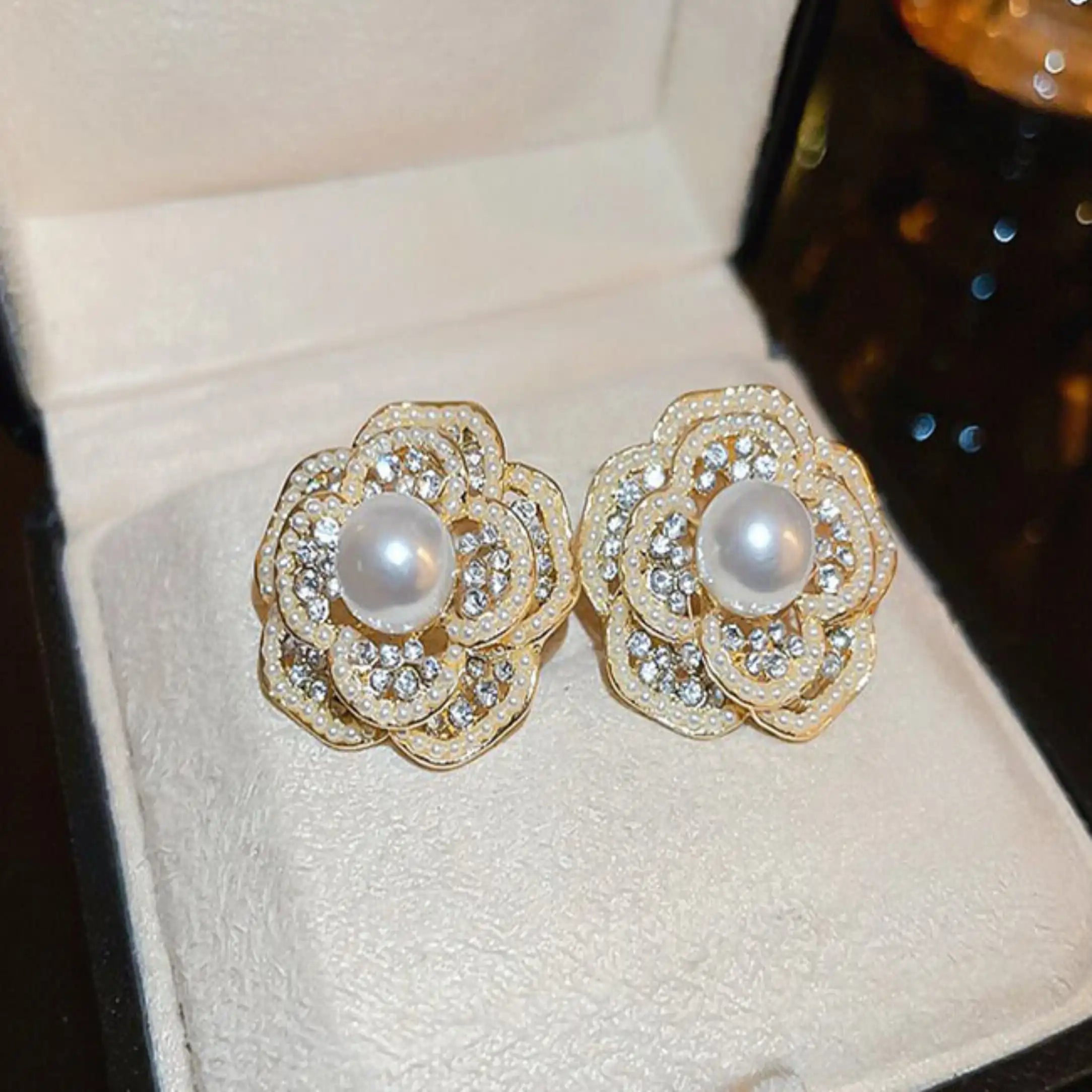 Gold Plated Camellia Pearl Stud Earrings