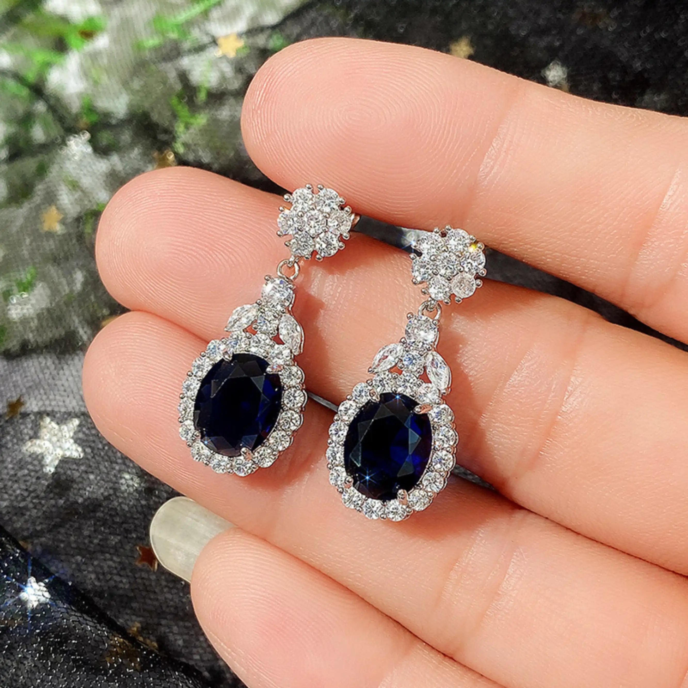 Sapphire Blue CZ Oval Drop Earrings