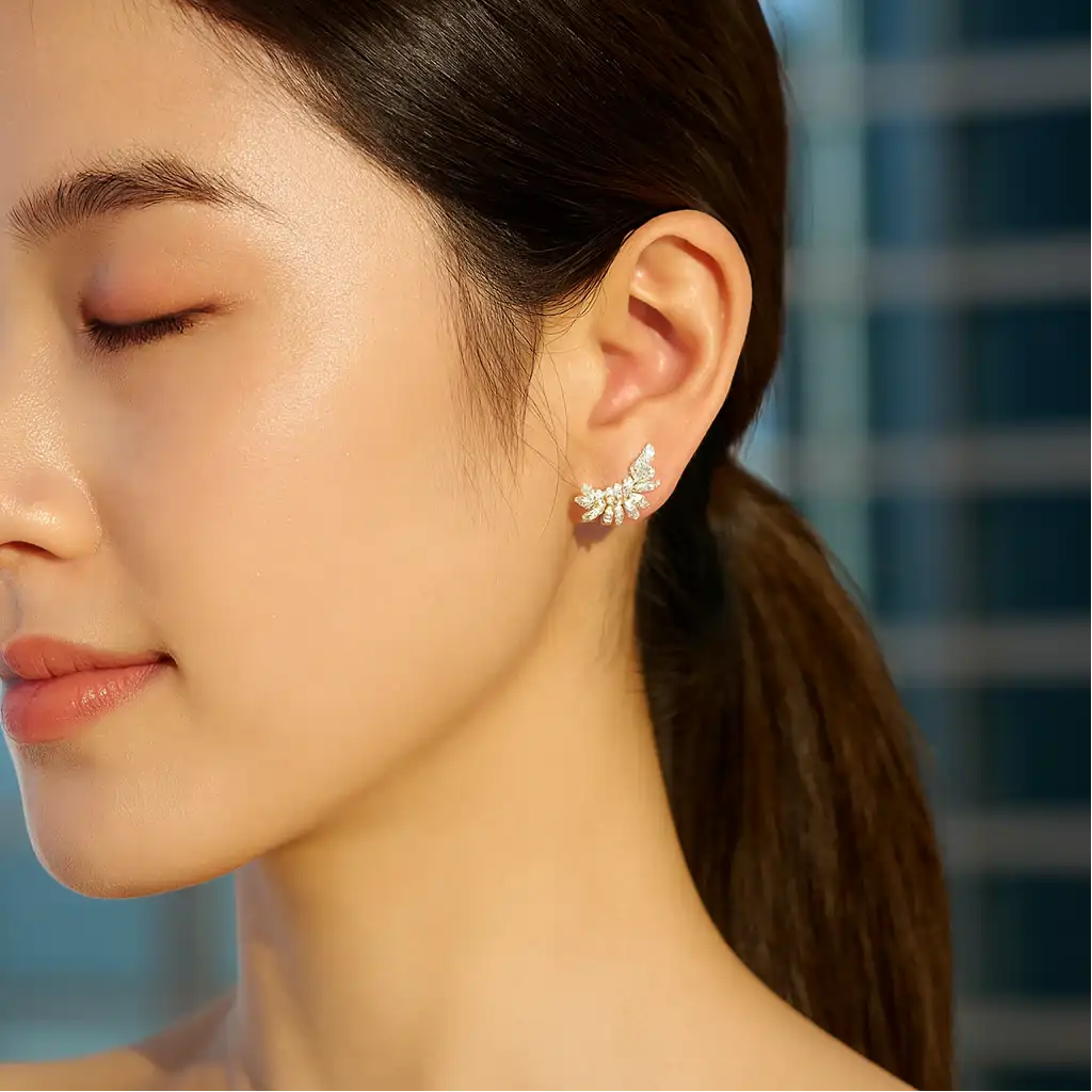 Elegant Leaf CZ Stud Earrings