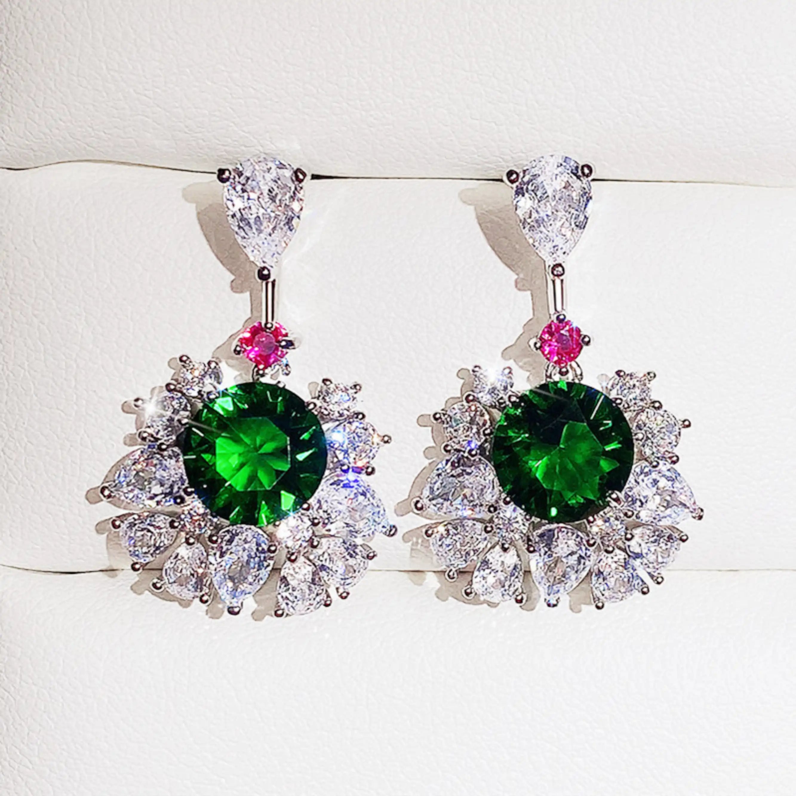 Green CZ Flower Wedding Drop Earrings